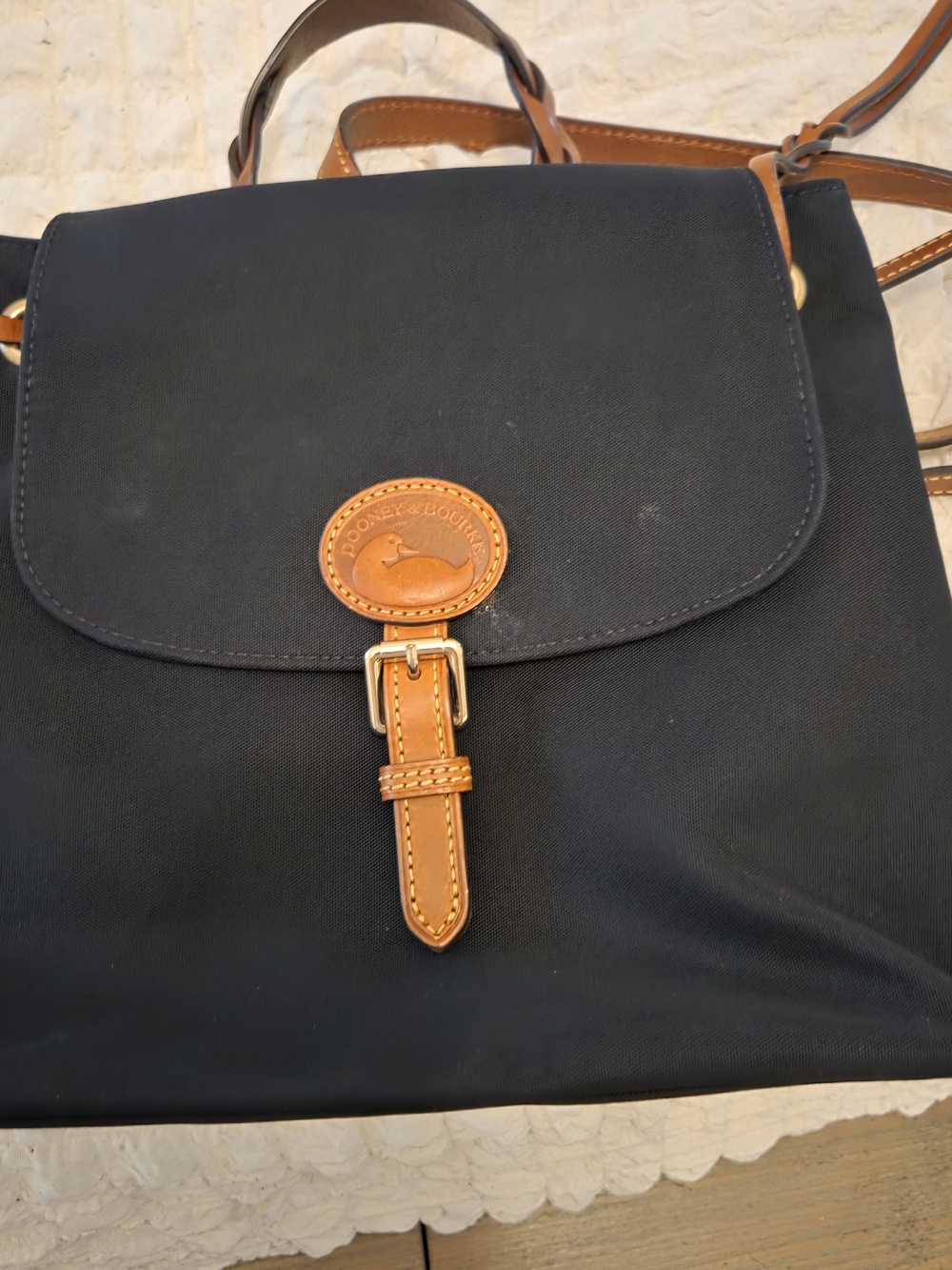 Dooney & Bourke Black Canvas Nylon Backpack with Leather Trim